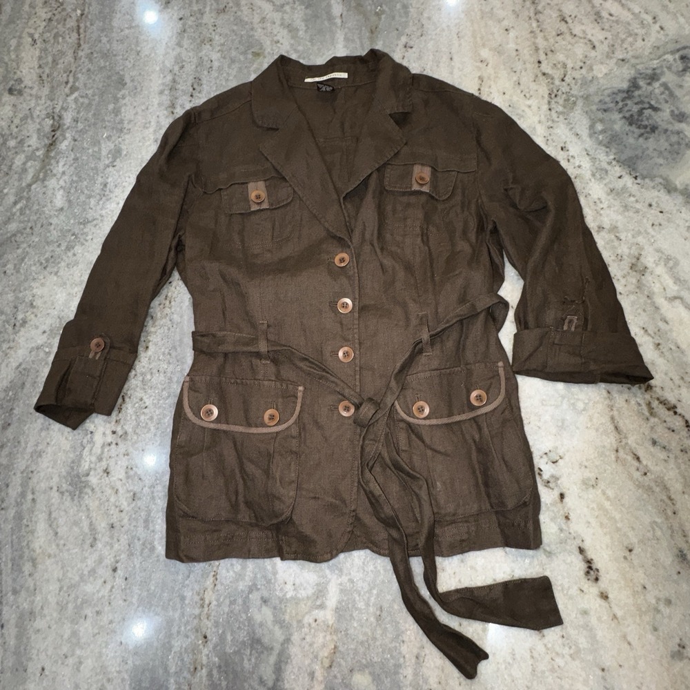 For The Republic Sz M Brown 100% Linen Blazer Safari Utility Belted Y2K *READ*